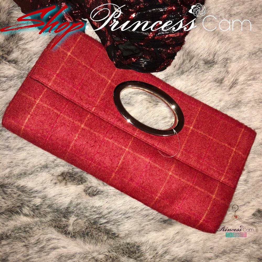 Putu by J.Maclear Retro Dark Red Plaid Felt Clutch